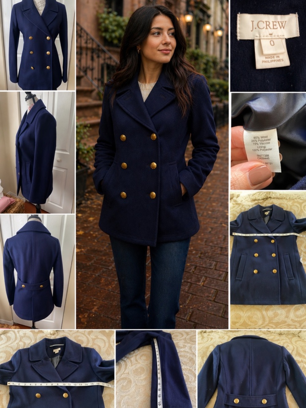 J.Crew Navy Wool Blend Pea Coat Gold Buttons Size 0 Classic Tailored Jacket - Picture 2 of 12